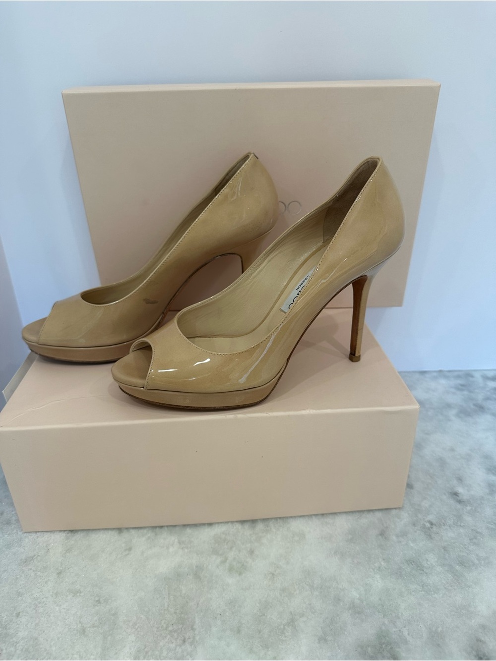 Jimmy Choo Nude Peep-Toe Leather Pumps Mariela